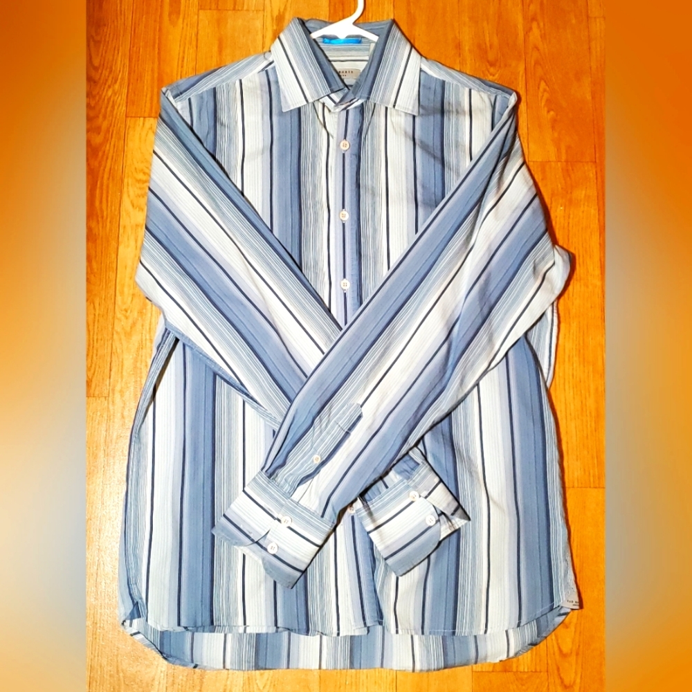 TED BAKER LONDON UK Dress Shirt Blue White Stripes Men Size 3 Medium